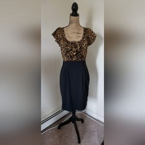 Express Retro Short & Sexy Form Fitted Ruffled Bodice Leopard & Black Dress